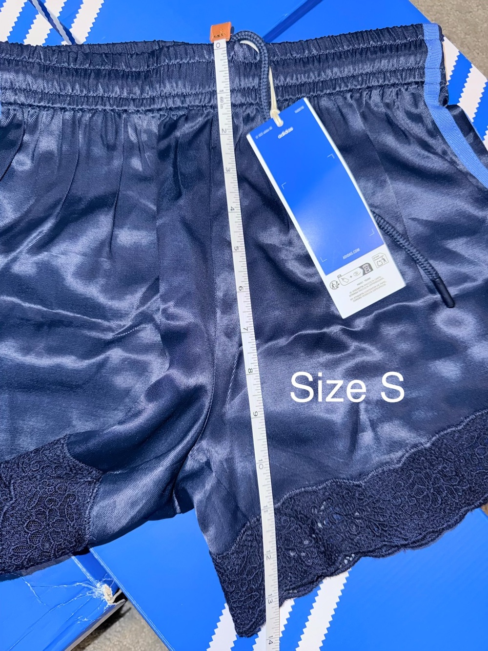 NWT Adidas Navy Blue Satin Athletic Shorts with Lace Trim - Picture 8 of 10